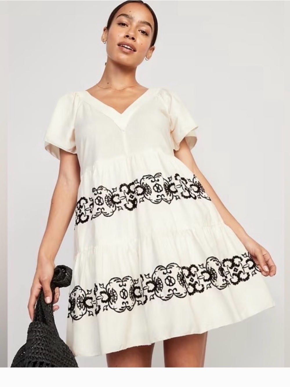 Old Navy Cream Midi Dress with Navy Embroidery